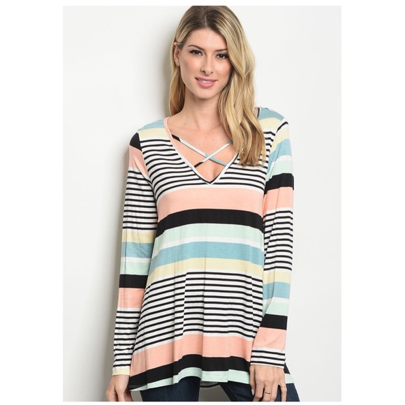 Pink Blue Stripes Long Sleeve Tees - Picture 1 of 2